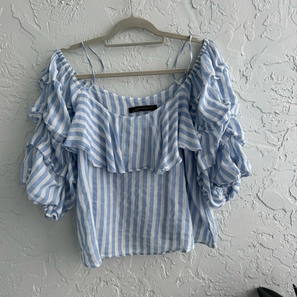 ZARA Striped Light Blue & White Off the Shoulder 3/4 Ruffled sleeves Crop Top, L - Picture 4 of 13